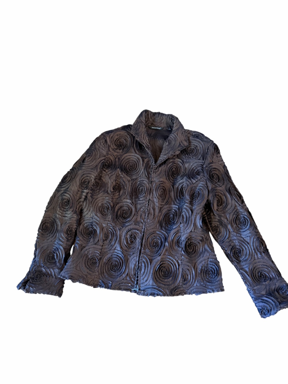 Samuel Dong Brown Rosette Swirl Textured Jacket, Wearable Art, Zip Fron